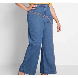Modcloth Rainbow With Me Jeans Plus Size 16R High Rise Wide Leg Embroidered NWOT